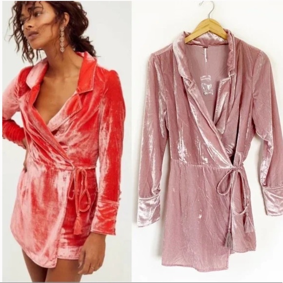 Free People Pants - Free People Viola Velvet Romper Mini Dress Wrap Playsuit Blush Pink Size M